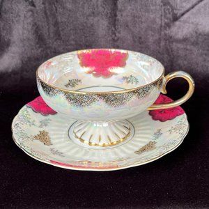 Vintage L M Royal Halsey Footed Tea Cup w/Saucer Opalescent, Burgundy & Gold